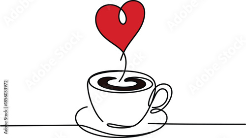 Elegant one-line art illustration showcasing a coffee cup with steaming heart, symbolizing love, warmth, and affection, perfect for beverage or relationship concepts