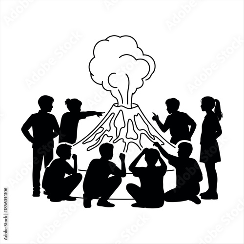 Group of people observing volcanic eruption Vector