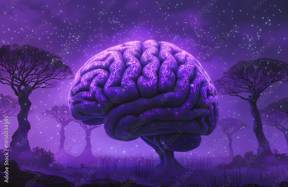 Fototapeta premium Surreal brain forest with glowing neural trees and data particles, AI concept