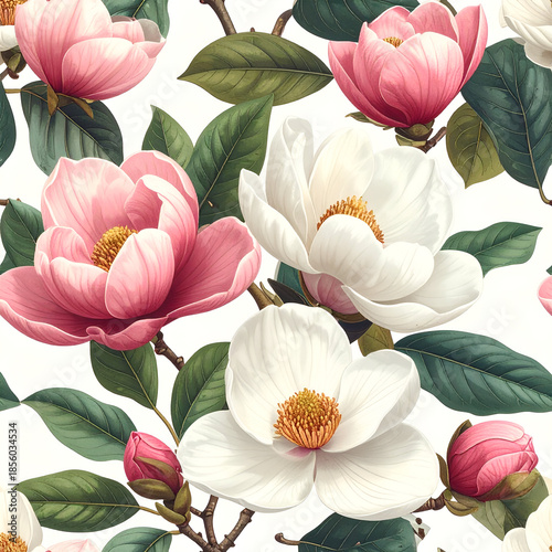 Floral Fantasy: An intricate floral arrangement with delicate pink and white blooms, interwoven with verdant leaves and branches, creating a captivating display of nature's beauty.