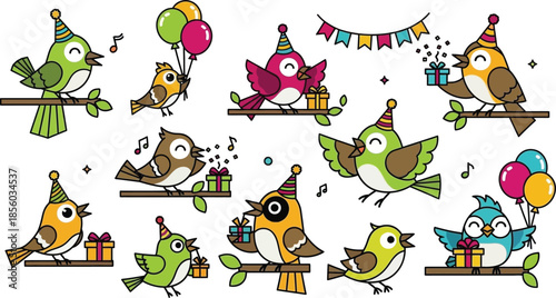 Happy little cartoon birds celebrating a delightful party with presents