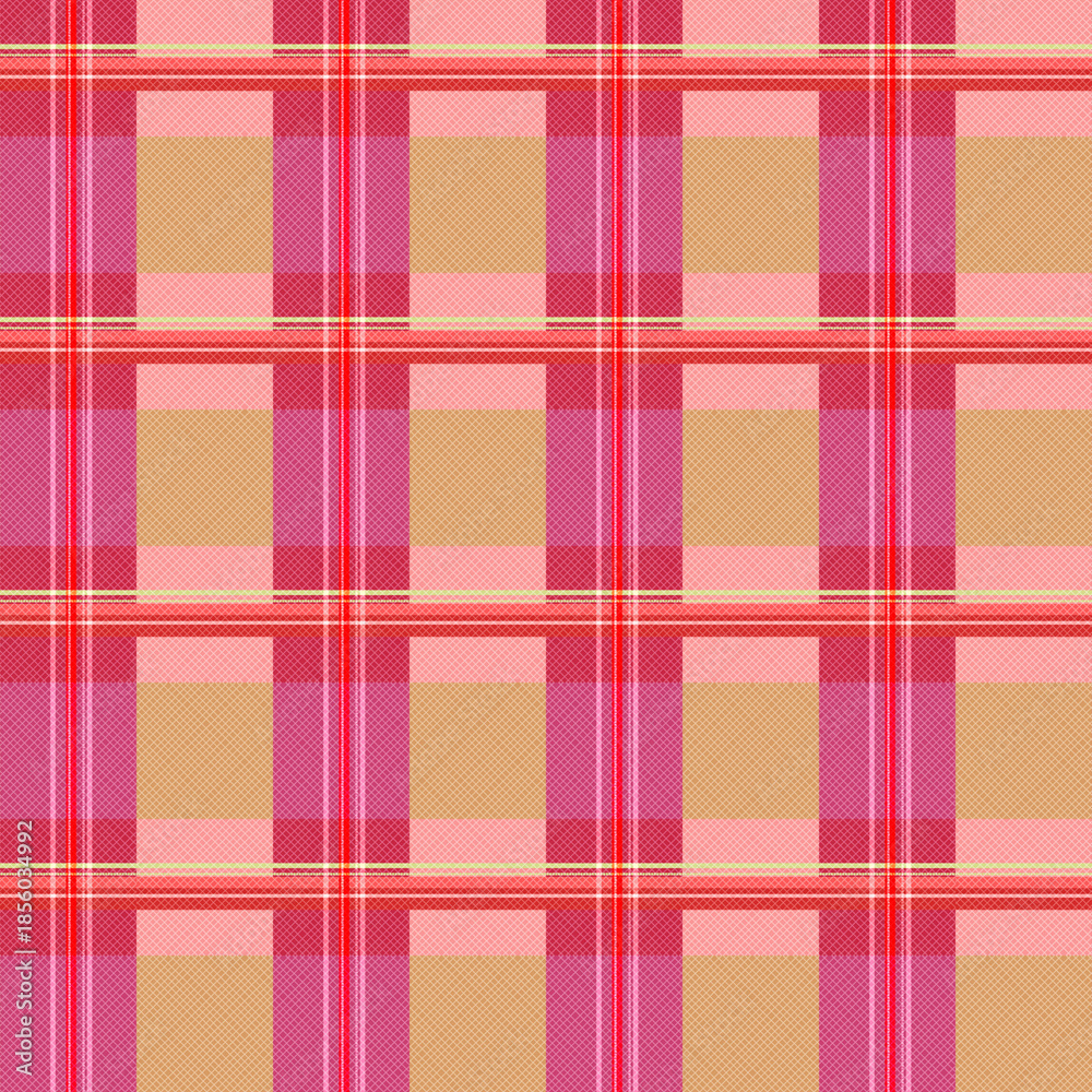 Fototapeta premium Warm Seamless Tartan Plaid Pattern: Classic Scottish Grid in Soft Rose Pink, Red, and Beige Earth Tones on a Textured Fabric Background.
