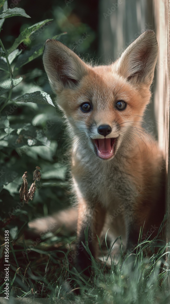 Fototapeta premium surprised baby fox curious shock, soft daylight