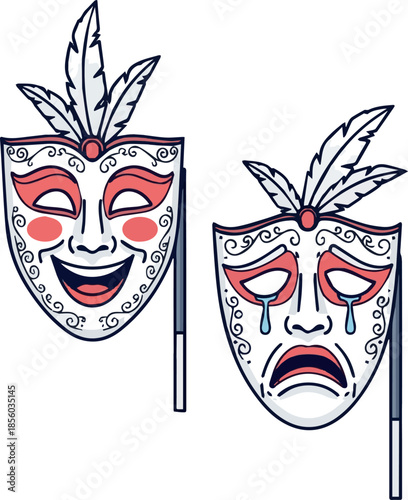 Need Masquerade vector icon on white background. Comic and tragic mask icon