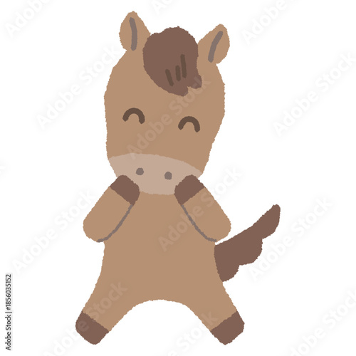 2頭身のかわいい干支シリーズ　午年/主線なし　表情と動きのある全身/顔に手を当てて嬉しいポーズ