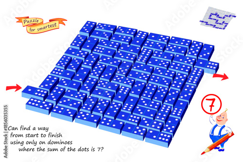 Can find a way from start to finish using only on dominoes where the sum of the dots is 7? Math maze. 3D logic puzzle game for children. Brain teaser book. Kids activity sheet. Hand drawn vector.