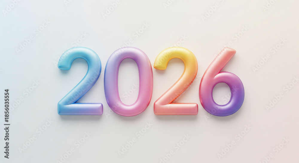 Fototapeta premium Pastel 3D number 2026 rendered with a soft gradient of colorful tones and rounded, inflated shapes on a bright, gentle background for a fun design