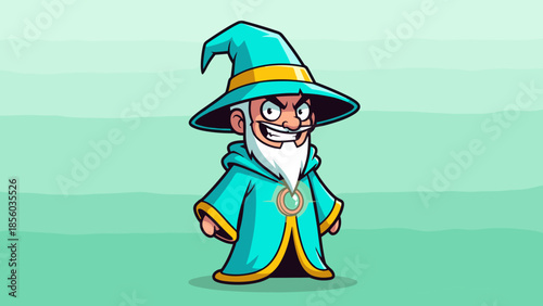 Cartoon wizard with a sinister grin wearing a blue robe and hat.