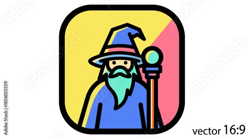 Cartoon wizard with blue robe, hat, and staff against a colorful background.