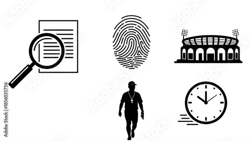Set of icons representing concepts of documentation, identity, sports venue, person, and time management