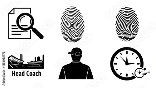 Diverse collection of black and white vector icons representing themes of investigation, personal identity, leadership, and time management for business and digital applications