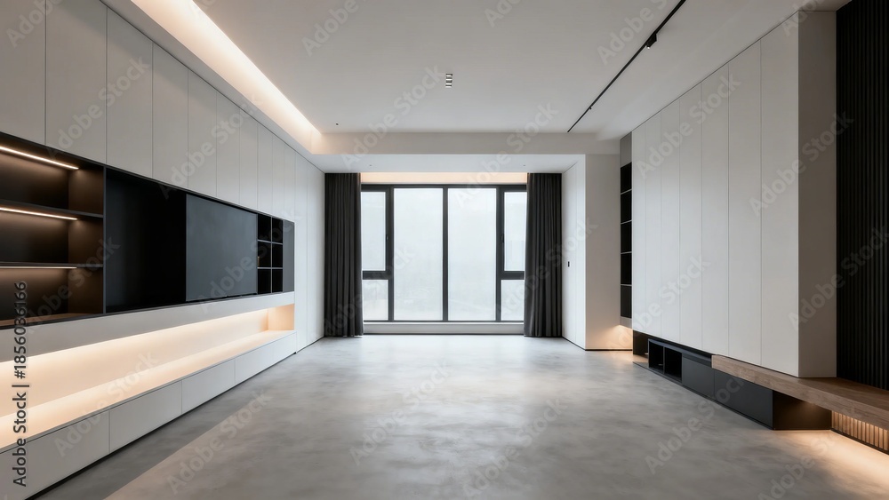 Obraz premium Modern minimalist living room with built-in cabinetry, large windows, and ambient lighting
