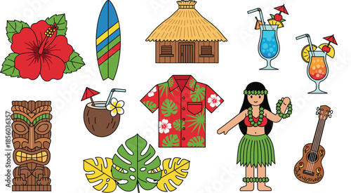 Hawaiian tropical vacation vector set featuring hula dancer tiki mask surfboard aloha shirt hibiscus flower and exotic cocktails.