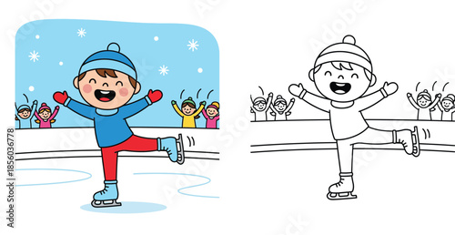 Coloring page of happy cartoon boy ice skating with audience, vector illustration with outline and color example for kids winter sport