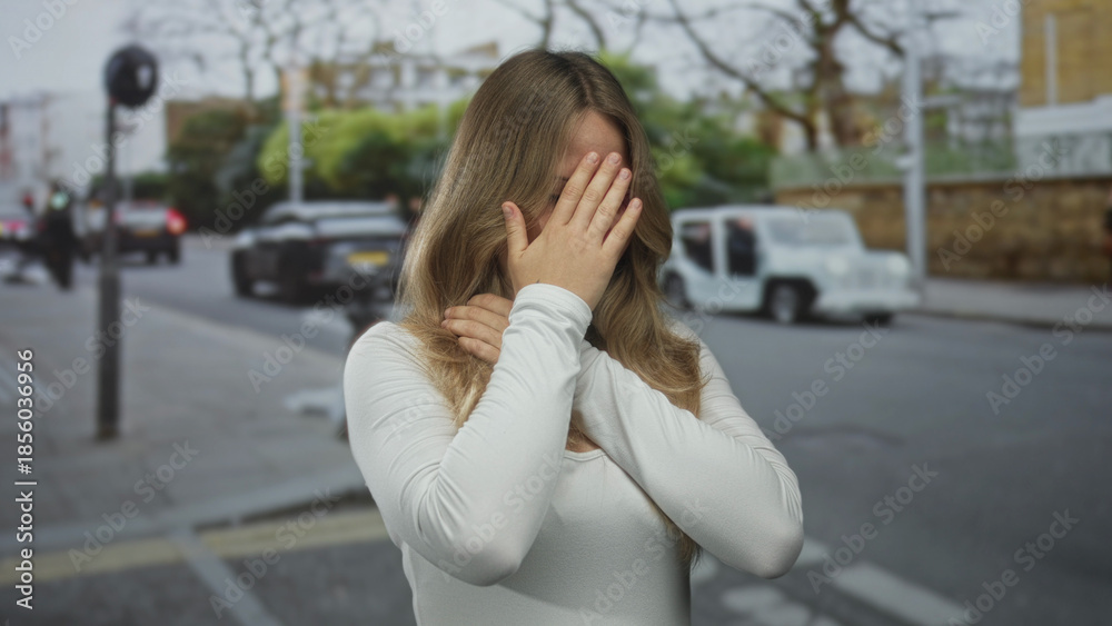 Fototapeta premium Blonde woman covers mouth with clenched fists and wide eyes on busy city street during daytime traffic rush; anxiety fear.