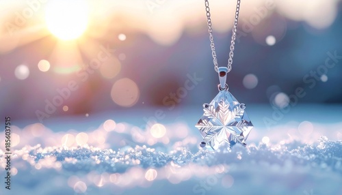 Elegant snowflake pendant shimmering in winter sunlight on a snow covered ground creating a magical and serene winter scene.