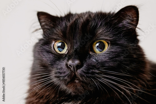 Fluffy black cat with long fur and yellow eyes isolated on white