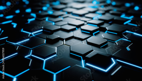 Futuristic black hexagonal background with glowing blue neon light lines
