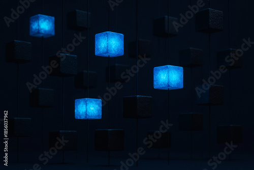 Minimalist digital art with glowing blue cubes in a dark virtual space