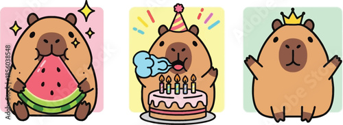 Cute Capybaras Enjoy Watermelon Celebrate Birthday and Reign with Crown