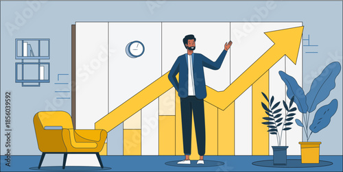 Business growth illustration with upward arrow charts presenter symbolizing progress and performance improvement