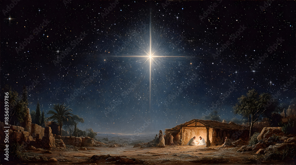 Fototapeta premium Christmas star of nativity of Bethlehem background birth of Jesus Christ scene beautiful dark blue starry sky bright star display religious holiday celebration