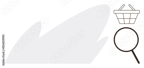 Empty shopping basket icon next to magnifying glass for exploring, discovering, and searching. Ideal for e-commerce, retail, consumer behavior, UX design, online shopping, product research simple