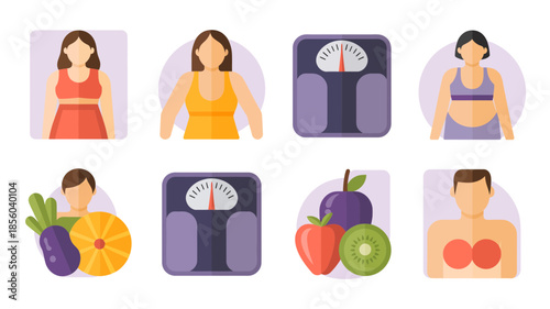 Weight management and healthy lifestyle icons, diet and fitness symbols