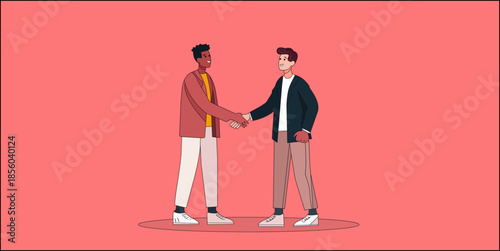 Handshake illustration with two individuals in casual business attire