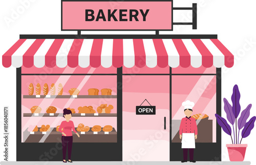 Bakery shop storefront with chef and customer bread display pastries sweets retail food business flat vector illustration