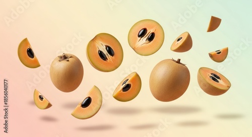 Fresh Sapodilla Fruit Falling on Gradient Background.