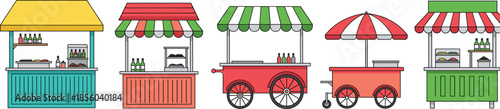 Street food cart and kiosk collection including mobile snack stands umbrellas vendor stalls outdoor market flat vector illustration