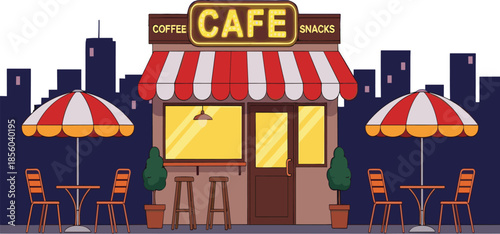 City cafe exterior with outdoor seating umbrellas coffee shop storefront night urban restaurant flat vector illustration