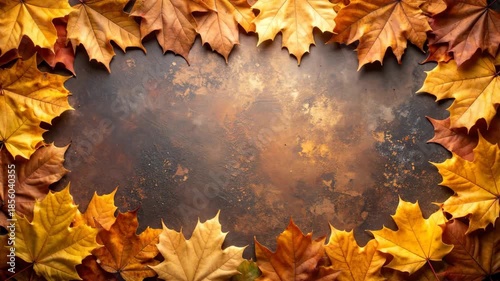 Autumn leaves frame a textured rustic background, showcasing vibrant fall colors for seasonal designs.