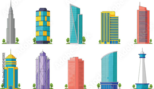 Modern skyscrapers set with futuristic office buildings business towers urban city skyline architecture real estate vector illustration