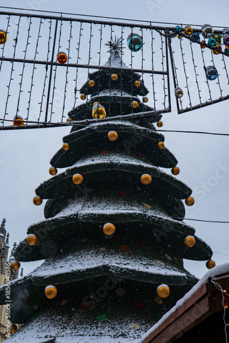Christmas tree with lights in Wroclaw Old Town winter market