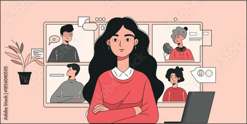 Virtual meeting illustration with confident host and diverse participants in video call windows