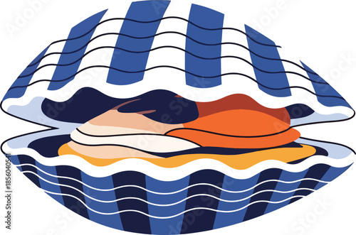 Stylized illustration of an open clam shell with blue and white stripes revealing a golden pearl and internal organs.