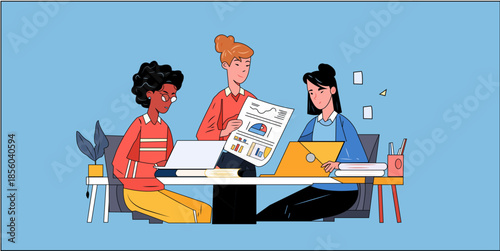 Collaborative workspace illustration with individuals analyzing data and using laptops