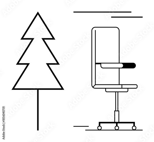 Workspace ergonomics, modern furniture, eco-friendly design, home office setup, abstract art, and minimalism. Black-and-white line drawing of an office chair and geometric tree shape. Workspace