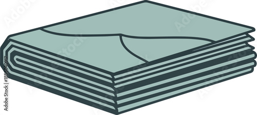 A simple, flat illustration of a neatly folded stack of light teal fabric or paper, showing multiple layers and a curved fold on the top.