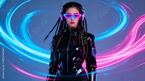 Futuristic woman with glowing accessories