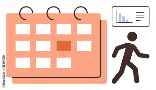 Calendar with marked day, bar chart, and walking figure suggest scheduling, productivity, organization, planning, tracking progress, personal development. Ideal for business time utility simple