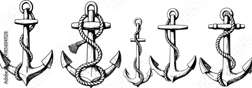 vintage black and white engraved anchor drawings, one with a rope around it.
