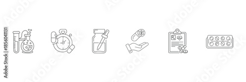 Taking a pill line icon set. Sick people taking medicine, supplements and vitamins with water, vector illustration