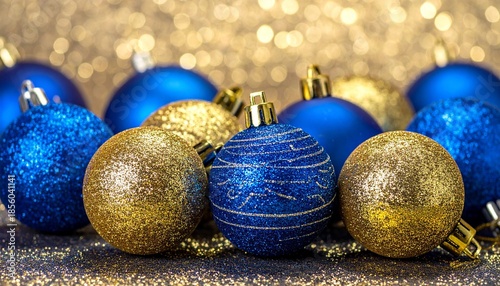 Blue and gold glittery Christmas ornaments with stripes and sparkle on festive golden background.