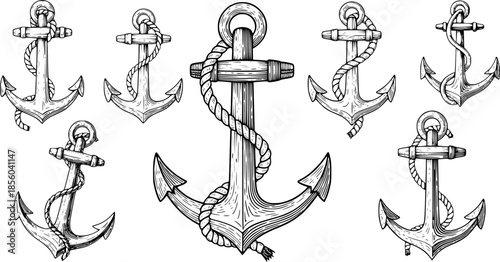 vintage black and white engraved anchor drawings, one with a rope around it.
