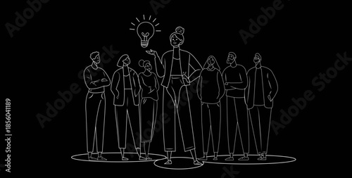Minimalist line art of team with central figure and light bulb symbolizing leadership, innovation, and collaborative creativity