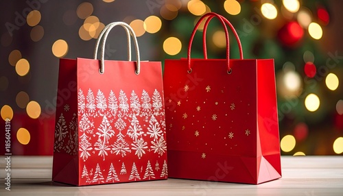 Two red holiday gift bags with festive patterns and warm lights in blurred Christmas background.