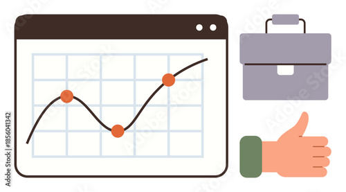 Graph with upward trend, orange data points, briefcase symbolizing work, and thumbs-up gesture. Ideal for business growth, data analysis, sales success, productivity, teamwork financial performance